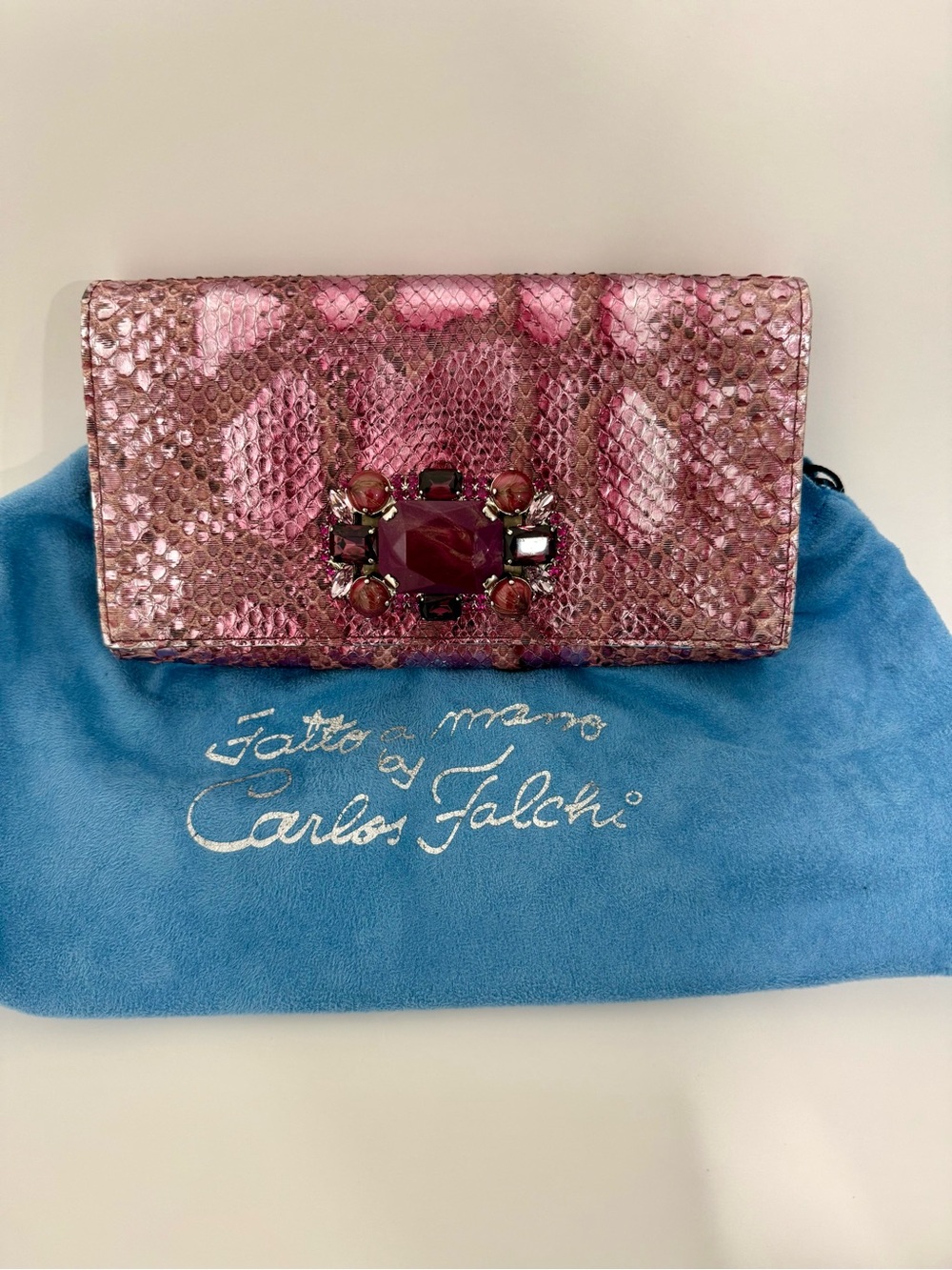 Rare Pristine Fatto a Mano by Carlos Falchi Jeweled Pink Python Clutch Bag